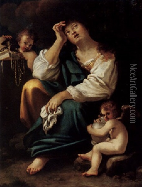 The Penitent Magdelene With Two Putti Oil Painting - Bartolomeo Schedoni