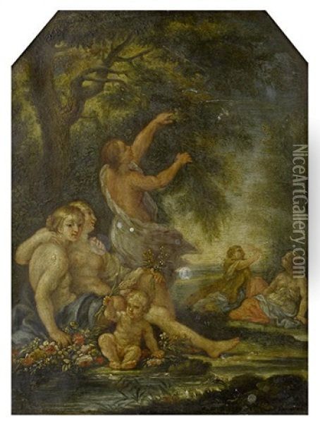 Spring: Nymphs And A Cherub By A Woodland Stream Oil Painting - Filippo Lauri