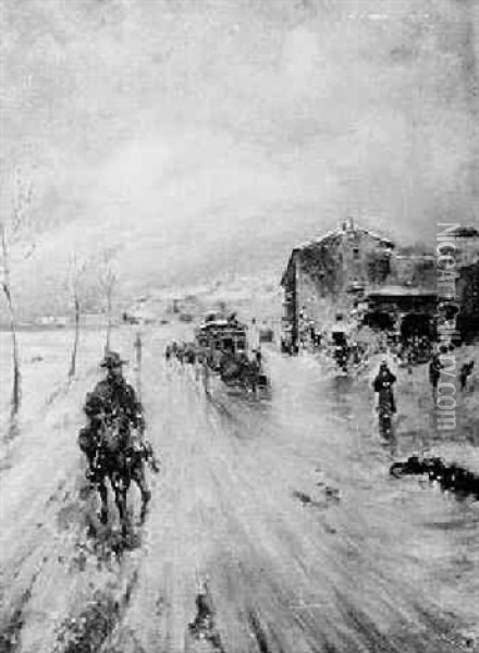 Road To The Village In Winter Oil Painting - Giuseppe de Nittis