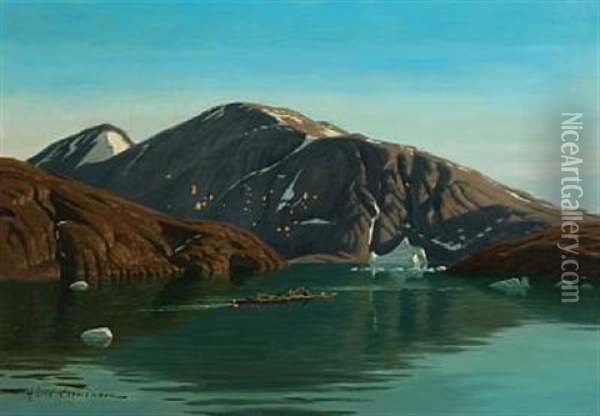 View Of A Greenlandic Fiord With Trappers In Their Kayaks Oil Painting - Andreas Christian Riis Carstensen