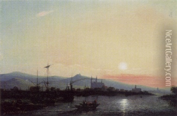Geisenheim Am Rhein Bei Sonnenuntergang, Mit Blick Auf Johannisberg Oil Painting - Jacques Van Gingelen