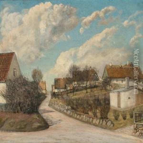 Summer Day In A Danish Village With Thatched Houses Oil Painting - Laurits Andersen Ring