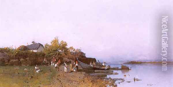 Fishermen's Ferry at the River Tisza 1872-77 Oil Painting - Geza Meszoly