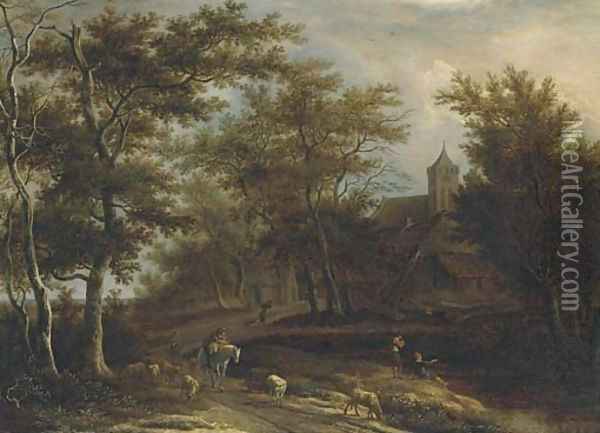 A wooded river landscape with a peasant on horseback, a shepherd with his flock and other peasants fishing outside a village Oil Painting - Pieter Jansz. van Asch