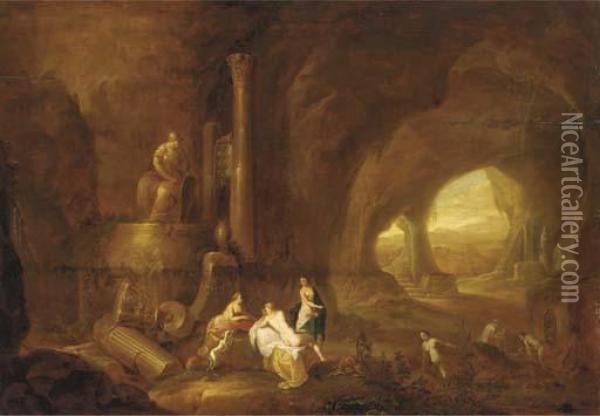 The Interior Of A Grotto With Nymphs Bathing Oil Painting - Abraham van Cuylenborch