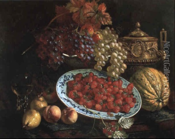 A Silver-gilt Cup, Strawberries And Other Fruit On Draped Table Oil Painting - William Hughes