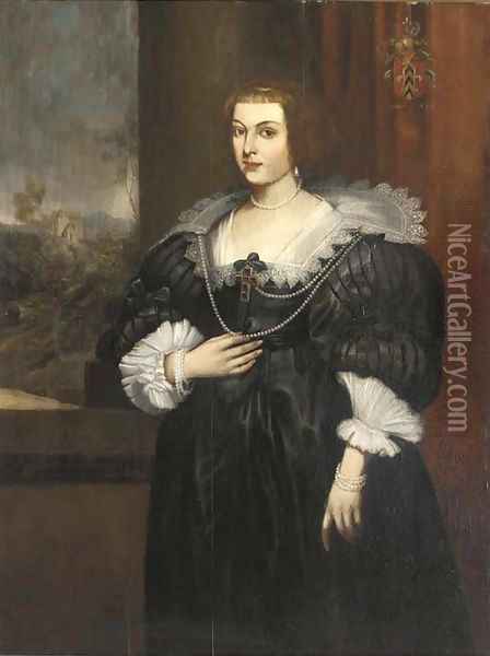 Portrait of a lady, three-quarter-length, in a black silk dress with a white lace collar and a pearl necklace with a crucifix Oil Painting - Sir Anthony Van Dyck