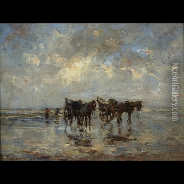 Clam Diggers (+ Fisherwomen On The Beach; Pair) Oil Painting - Tamine Tadama Groeneveld