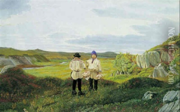 Parti Fra Lapland Med To Samer, Der Forhandler Om Salg Af Sko Oil Painting - Charles Alfred Emanuel Henrichsen Bremsen