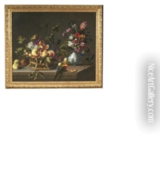 Un Panier De Fruits, Des Fleurs Dans Un Vase Et Un Perroquet Sur Un Entablement En Pierre (pair) Oil Painting - Pieter Van Boucle