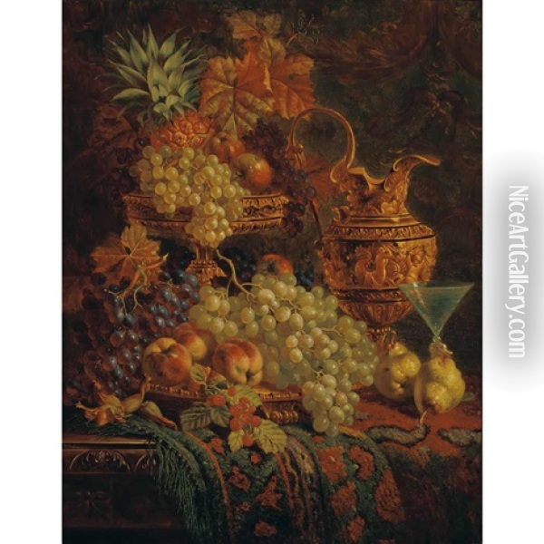 Still Life With Fruit And Ewer On A Table Top Oil Painting - William Hughes