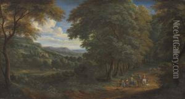 A Wooded Landscape With Horsemen Greeting Travelers On A Path Oil Painting - Adriaen Frans Boudewijns