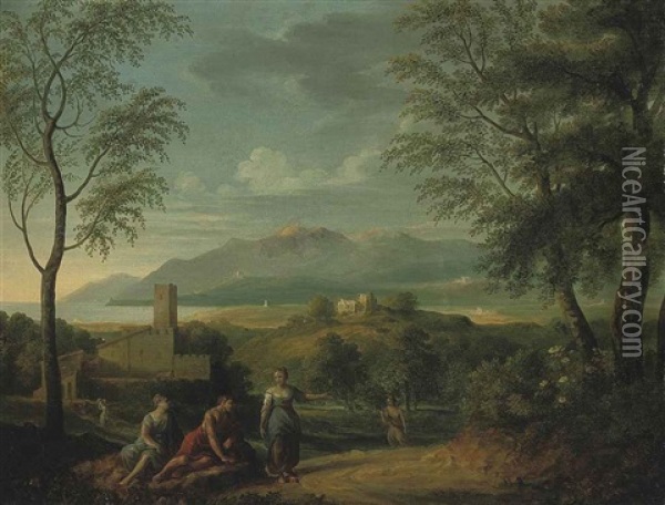 A Classical Coastal Landscape With Figures Resting In The Foreground And Mountains Beyond Oil Painting - Jan Frans van Bloemen