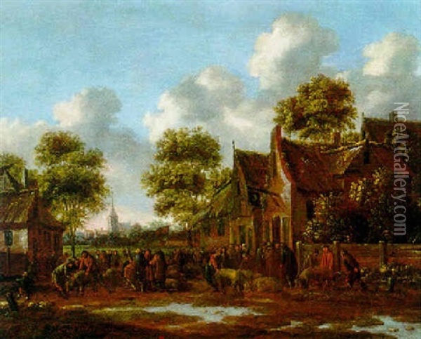 Schweinemarkt In Einem Hollandischen Dorf Oil Painting - Thomas Heeremans