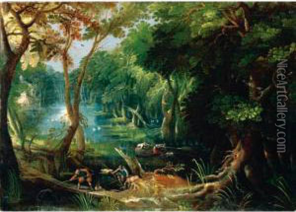 A Wooded River Landscape With Sportsmen And Fishermen Oil Painting - Frederik van Valkenborch