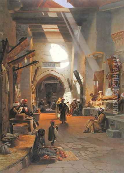 Bazaar at Girgah, one of 24 illustrations produced by G.W. Seitz, printed c.1873 Oil Painting - Carl Friedrich H. Werner