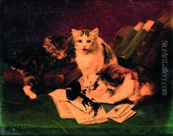 Drie Poesjes Spelend Bij Inktpot Oil Painting - Alphonse de Neuville