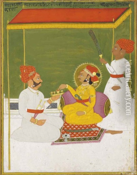 A Raja On A Terrace Oil Painting -  Indian School-Jodhpur (18)