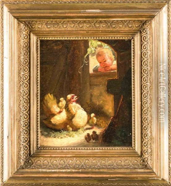 Neugieriges Kind Am Huhnerstall Oil Painting - Gustav Sues