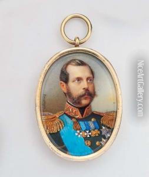Tsar Alexander Ii Of Russia (1818-1881), Facing Right In Black Uniform With Gold-embroidered Red Collar And Gold Epaulettes, Wearing The Blue Moire Silk Sash And Star Of The Imperial Russian Order Of St. Andrew, And Other Numerous Decorations, Including T Oil Painting - Alois Gustav Rockstuhl
