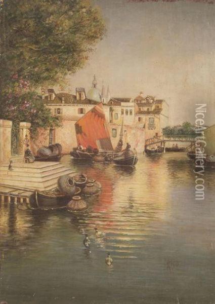 Quiet Canal, Venice. Oil Painting - Martin Rico y Ortega