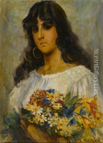 Woman With Flowers Oil Painting - Vladimir Egorovich Makovsky
