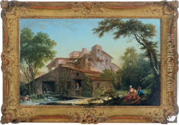 A Watermill With A Dovecot And A Peasant Couple Seated Under A Tree In The Foreground Oil Painting - Nicolas-Jacques Juliard