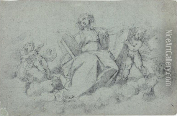 A Sibyl Seated Amongst Clouds, Surrounded By Putti Oil Painting - Antonio Cimatori