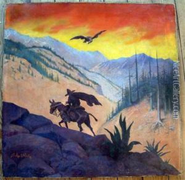 Horseman Riding Through Mountainous Terrain Oil Painting - Stanley L. Wood