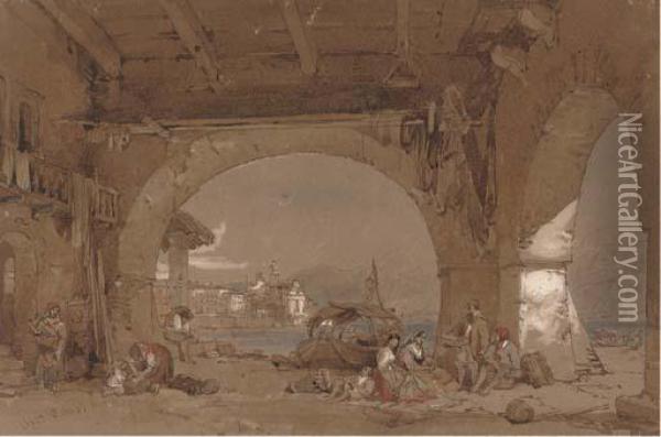 Venetians Resting Under The Arches Oil Painting - Samuel Prout