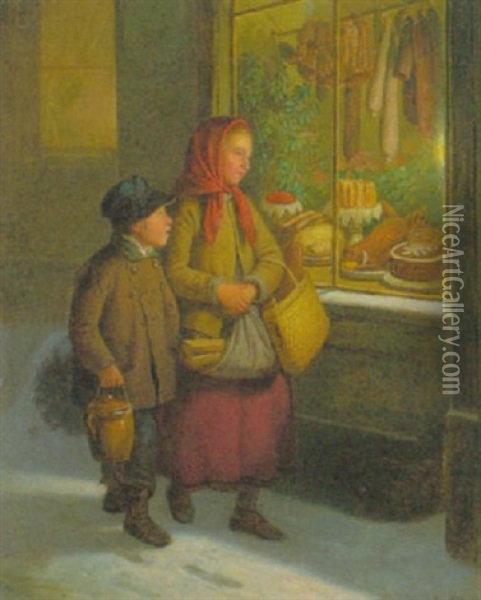 Zwei Bettelkinder In Der Winternacht, Sehnsuchtig Die Auslage Eines Metzgerladens Betrachtend Oil Painting - Carl Friedrich Moritz Mueller