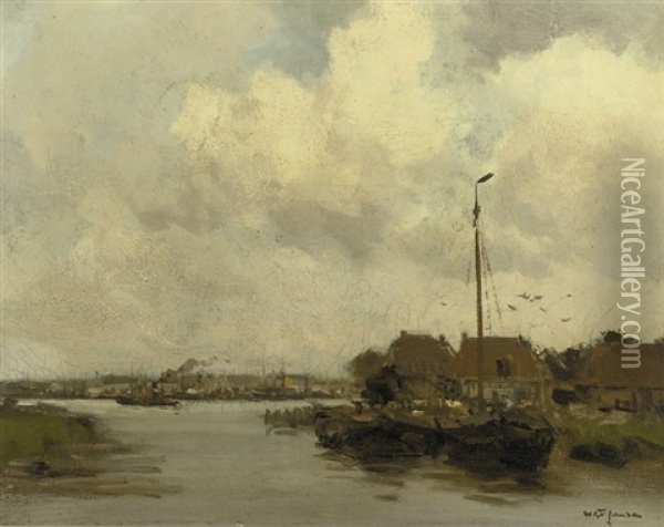A View Of A Riverside Town Oil Painting - Willem George Frederik Jansen
