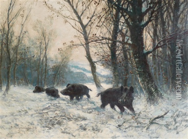 Wild Boar In A Winter Woodland Clearing Oil Painting - Friedrich Josef Nicolai Heydendahl