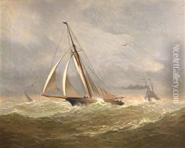 Sailboat In Rough Seas Oil Painting - Frederick Schauchardt Samuels