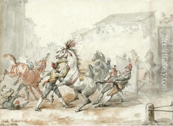 Preparing Horses For The Riderless Race In Rome Oil Painting - Carle Vernet