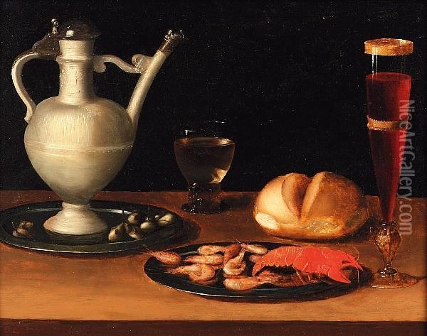 A Stoneware Jug On A Pewter Salver With A 
, A Bread Roll, A Pewter Dish Of Shrimps And A Crayfish And A Wine Glass On A Table Oil Painting - Johann Michael Hambach