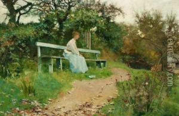 A Woman Seated On A Garden Bench Oil Painting - Laurence Scott