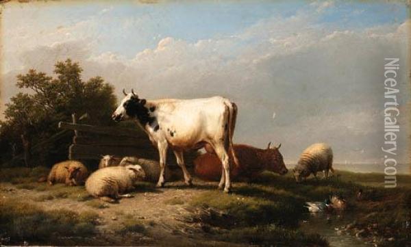 Cows And Sheep In A Landscape Oil Painting - Eugene Joseph Verboeckhoven