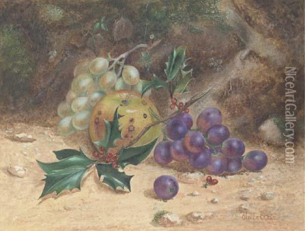 Holly With Berries, Grapes And An Apple On A Forest Floor Oil Painting - Oliver Clare