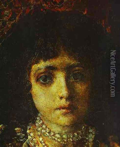 Portrait of a Girl against a Persian Carpet, (detail) 1886 Oil Painting - Mikhail Aleksandrovich Vrubel