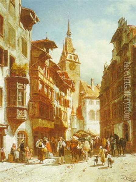 A Street Scene In Zug, Switzerland Oil Painting - Jacques Francois Carabain