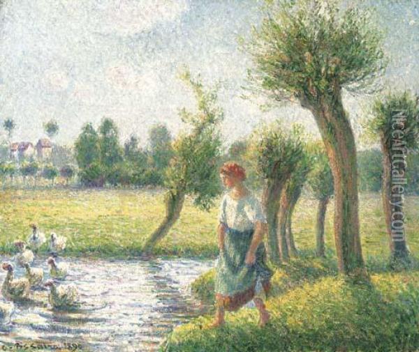 Paysanne Gardant Des Oies, Eragny Oil Painting - Camille Pissarro