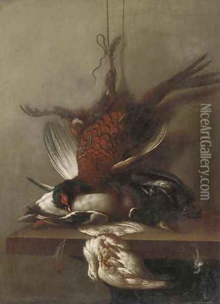 A pheasant, a duck and other dead game on a ledge Oil Painting - Jean-Baptiste Oudry