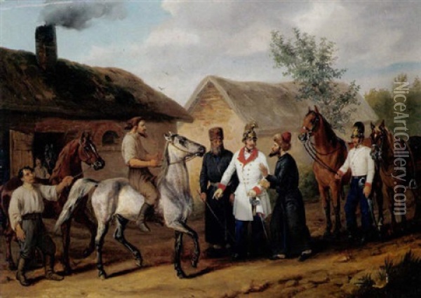 Osterreichische Kurassiere, Pferdenankauf In Galizien Oil Painting - Carl Adolf Heinrich Hess