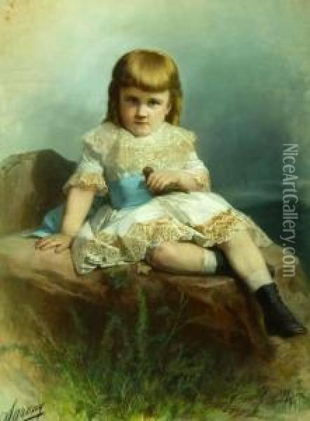 Little Girl With Blue Sash And Bird In Hand Oil Painting - Napoleon Sarony