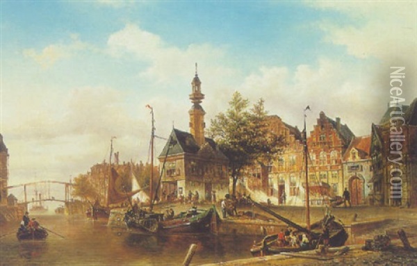 Canal Scene In Amsterdam Oil Painting - Elias Pieter van Bommel