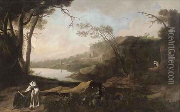 An extensive Italianate river landscape with a hermit seated by a tree reading Oil Painting - Spanish School