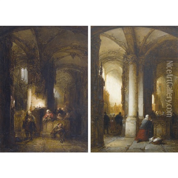 Kircheninterieurs Mit Betenden (pair) Oil Painting - George Gillis van Haanen
