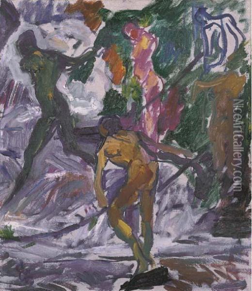 Badende Im Bergbach Bei Daganece Oil Painting - Giovanni Giacometti