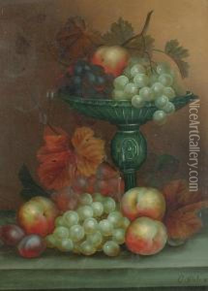 A Still Life Of Fruit, Vines And A Tazza; A Still Life Of Roses. Oil Painting - Edwin Steele